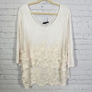 Romantic Prairie Lace Tunic Women Plus Size 2XL Ivory Sheer Overlay Cottagecore